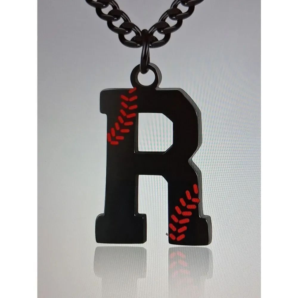 Black 'R' Pendant Necklace With Red Detail On A Black Chain New In Box